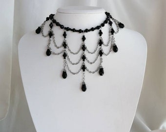 Black Dainty Crystal Victorian Necklace, Y2K Jewelry, Grunge Fairycore Necklace, Aesthetic Choker