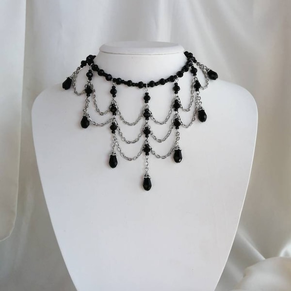 Black Dainty Crystal Victorian Necklace, Y2K Jewelry, Grunge Fairycore Necklace, Aesthetic Choker