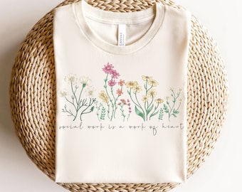 Floral Social Worker T-Shirt - Retro Wildflower Design
