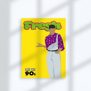 Puede incluir: Póster con fondo amarillo que presenta a una persona con ropa de los años 90. La persona lleva una camisa morada con formas coloridas, un mono blanco y una bolsa blanca. La palabra "Fresh" está en verde y el texto "Like the 90s" está en negro.