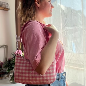 Tasche kariert rosa | Schultertasche Damen | Umhängetasche Baumwolle | Y2K Baguette Bag | Sommer Trend | Handmade Accessoire