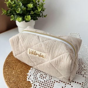 Kosmetiktasche aus Musselin | gesteppt | personalisiert mit Name | klein und groß | Glitzer | Geschenkidee