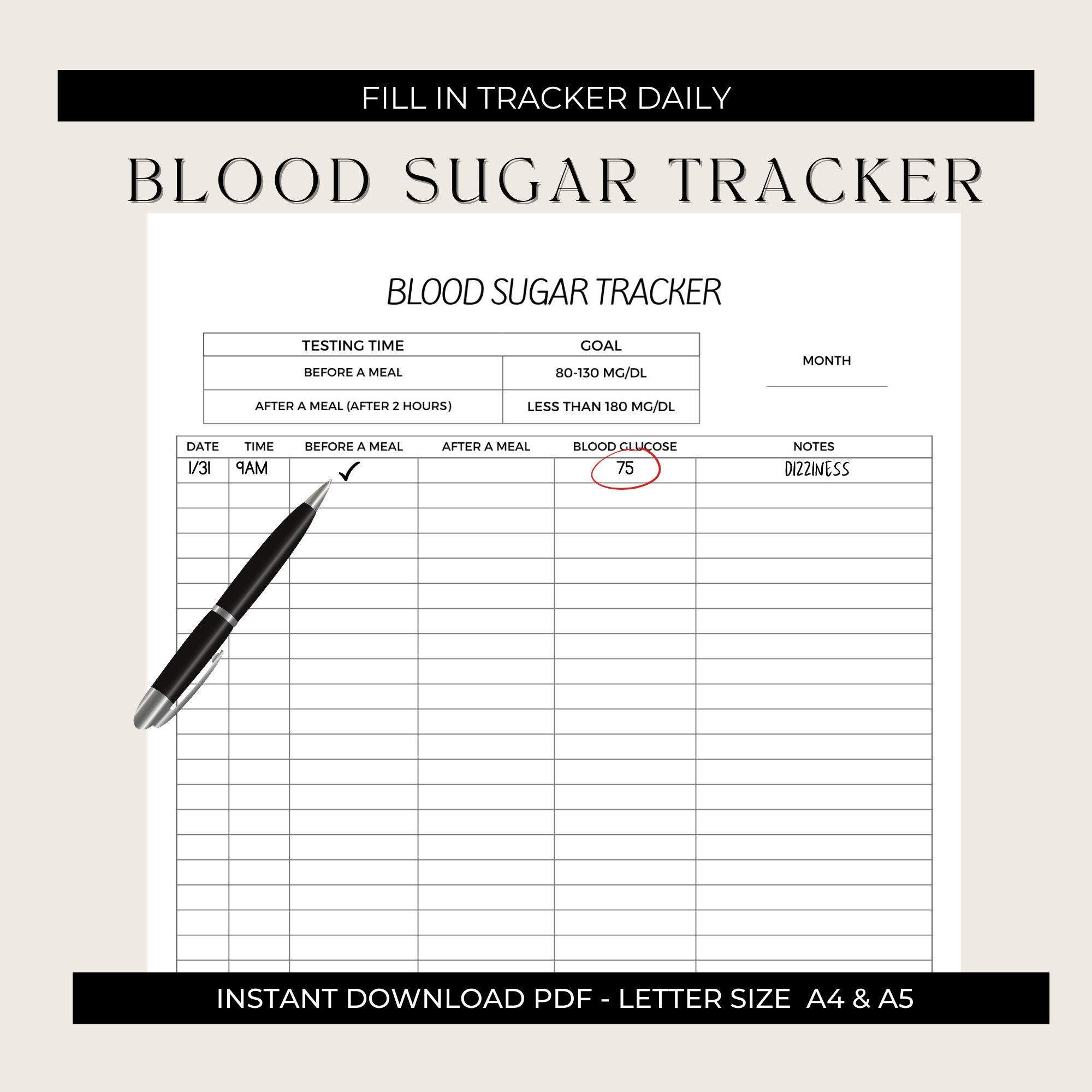 Blood Sugar Tracker Printable | Diabetes Log (PDF) - Etsy