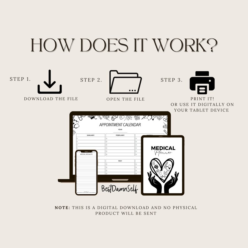 May include: A digital download of a printable medical planner and appointment calendar. The planner features a black and white illustration of hands holding a heart with medical symbols. The calendar is a black and white printable page with a monthly calendar layout. The text "Best Damn Self" is visible on the calendar page.