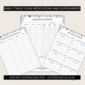 May include: Three printable pages for tracking medications and supplements. The pages are black and white with a simple design. The first page is titled "Discontinued/Past Medication Log" and has columns for medication/supplement, stop date, reason, and notes. The second page is titled "Medication Log Tracker" and has columns for medication, dosage, date/time, morning, noon, evening, and bedtime. The third page is titled "Medication/Supplement" and has columns for medication/supplement, prescribed by, dose, frequency, start date, taken with food, reason for taking, refill date by, and notes.