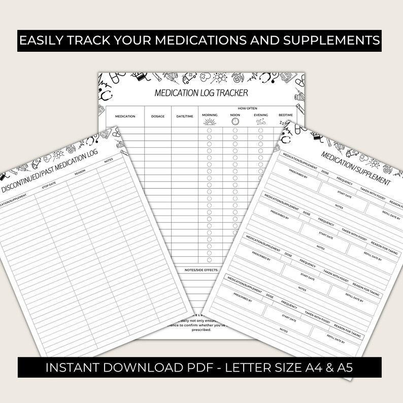 May include: Three printable pages for tracking medications and supplements. The pages are black and white with a simple design. The first page is titled "Discontinued/Past Medication Log" and has columns for medication/supplement, stop date, reason, and notes. The second page is titled "Medication Log Tracker" and has columns for medication, dosage, date/time, morning, noon, evening, and bedtime. The third page is titled "Medication/Supplement" and has columns for medication/supplement, prescribed by, dose, frequency, start date, taken with food, reason for taking, refill date by, and notes.