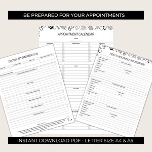 May include: A printable black and white appointment calendar and log for organizing doctor appointments and health insurance information. The calendar includes a year-long view with months from January to November. The log includes sections for date, provider name, specialty, appointment readiness, questions to bring up, visit notes, test/procedure results, medication changes, next appointments, and notes/takeaways. The health insurance information section includes sections for primary and secondary insurance, dental insurance, and a section for notes.