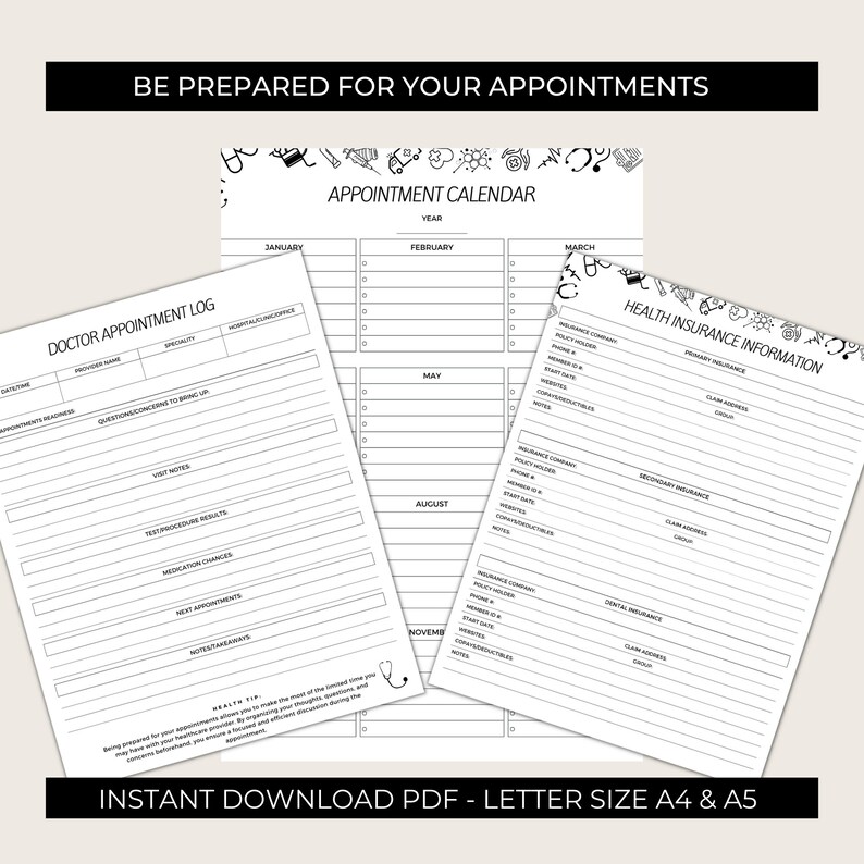 May include: A printable black and white appointment calendar and log for organizing doctor appointments and health insurance information. The calendar includes a year-long view with months from January to November. The log includes sections for date, provider name, specialty, appointment readiness, questions to bring up, visit notes, test/procedure results, medication changes, next appointments, and notes/takeaways. The health insurance information section includes sections for primary and secondary insurance, dental insurance, and a section for notes.