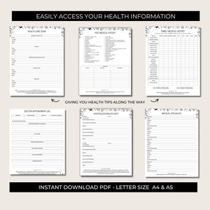 May include: A printable health information tracker with sections for health care team, past medical history, family medical history, doctor appointment log, hospitalizations/ER visits, and medical specialists. The document is designed to help you easily access and organize your health information.