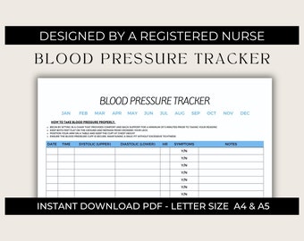 Puede incluir: Un rastreador de presión arterial imprimible con un esquema de color azul y blanco. El rastreador incluye columnas para la fecha, la hora, la presión arterial sistólica, la presión arterial diastólica, la frecuencia cardíaca, los síntomas y las notas. El rastreador también incluye instrucciones sobre cómo tomar la presión arterial correctamente.