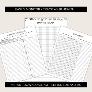 May include: Three printable health tracker pages: a blood pressure tracker, a symptom tracker, and a sleep tracker. Each page has a grid layout with columns for dates and rows for recording measurements or symptoms.