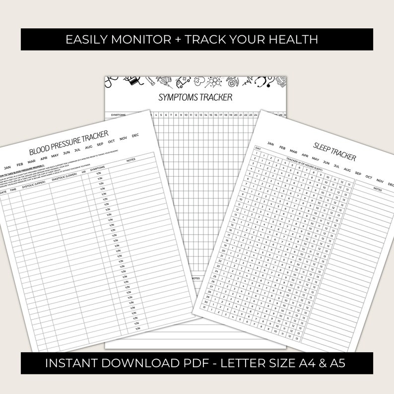 May include: Three printable health tracker pages: a blood pressure tracker, a symptom tracker, and a sleep tracker. Each page has a grid layout with columns for dates and rows for recording measurements or symptoms.