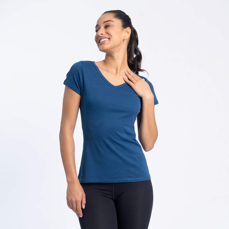 High Quality, Classic Organic Pima Cotton V-Neck T-Shirt Women's Natural Blue