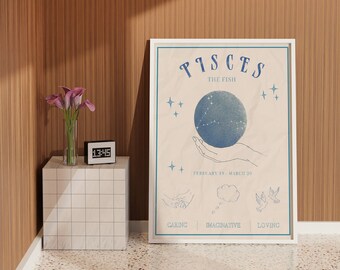 May include: A white framed poster with the text "Pisces The Fish" and a blue illustration of a fish constellation. The poster also includes the dates "February 19 - March 20" and the words "Caring, Imaginative, Loving".