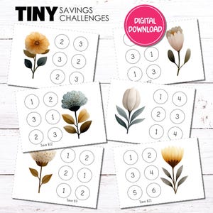 Può includere: Biglietti bianchi con illustrazioni floreali ad acquerello e cerchi numerati per sfide di risparmio. Il testo "TINY SAVINGS CHALLENGES" è in alto. È presente anche un cerchio rosa con "DIGITAL DOWNLOAD".