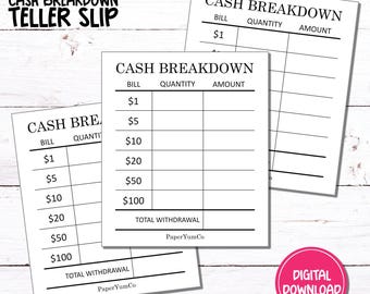 Cash Breakdown Teller Slip | Bank Withdrawal Form (PDF Download)