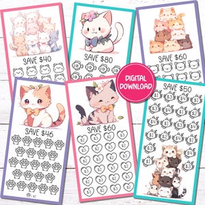 Printable A6 Mini Savings Challenge Tracker | Kawaii Cats | Low Income Savings | PDF Digital Download | Set of 6