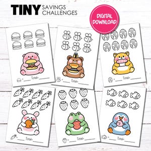 Puede incluir: Seis hojas de desafíos de ahorro imprimibles con ilustraciones bonitas. Cada hoja presenta un tema diferente, incluyendo hamburguesas, abejas, peces, zanahorias, fresas y un pingüino. El texto "TINY SAVINGS CHALLENGES" está en la parte superior.