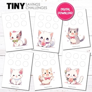 Cute Cats TINY Savings Challenge | Printable | Low Income Savings | PDF Digital Download | 6 Blank and 6 Numbered