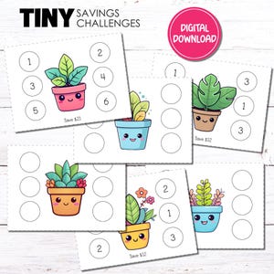 May include: White cards with illustrations of potted plants and savings challenges. Each card features a different plant design in a colorful pot, with numbers and circles for tracking savings. Text includes "TINY SAVINGS CHALLENGES" and "DIGITAL DOWNLOAD".