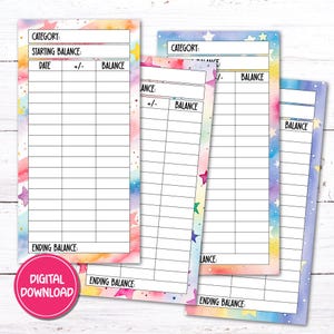Könnte beinhalten: Drei druckbare Budget-Tracker-Seiten mit einem Aquarellhintergrund in Regenbogenfarben und Sternen. Jede Seite hat Spalten für Kategorie, Startguthaben, Datum, +/- und Guthaben. Die Seiten sind mit "Digitaler Download" gekennzeichnet.