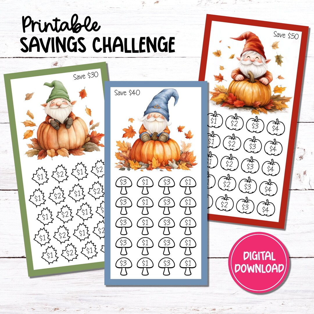 Autumn Gnome Savings Challenge Tracker | Printable A6 Set (PDF Digital ...