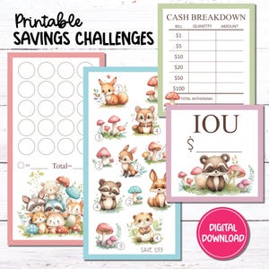 Puede incluir: Cartas de desafío de ahorro imprimibles con lindas ilustraciones de animales del bosque. Las cartas incluyen un cuadro de desglose de efectivo, una carta IOU y un rastreador de ahorros con círculos para colorear.