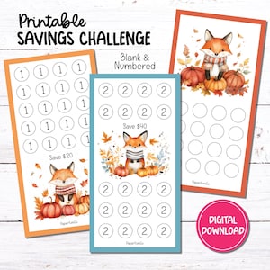 Op de afbeelding: Printbare spaaruitdagingsvellen met vosillustraties en pompoenaccenten. De vellen zijn genummerd en ontworpen om 20 of 40 euro te sparen. De tekst "Printable Savings Challenge" en "Digital Download" zijn zichtbaar.