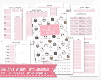 PRINTABLE Pink Cat Weight Loss Journal | PDF Digital Download | Instant Download