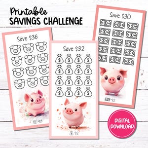 May include: Printable savings challenge with three pink pig illustrations. Each challenge has a different goal amount: $36, $32, and $30. The $36 challenge has 18 pig faces to color in. The $32 challenge has 18 money bags to color in. The $30 challenge has 18 dollar bills to color in.