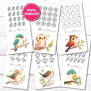 以下が含まれることがあります： かわいい漫画の鳥が描かれた、6つの異なる数え方の活動が載っている印刷可能なワークシートです。各活動には、卵、鳥小屋、葉など、数えるための異なる画像があります。ワークシートには、子供が数えた合計数を書き込むための行があります。