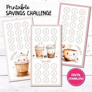 Può includere: Sfida di risparmio stampabile con tre carte che presentano simpatiche illustrazioni di tazze di caffè. Ogni carta ha una griglia di numeri per tenere traccia degli obiettivi di risparmio. Le carte dicono "Risparmia 24 $", "Risparmia 31 $" e "Risparmia 32 $".