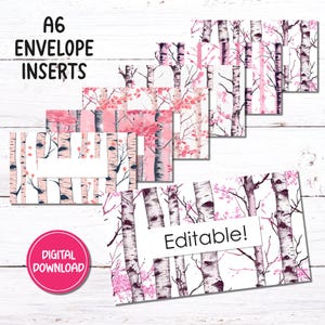 A6 | Budget Binder Envelope Inserts | Pink Birch Trees | Editable and Blank Versions | PDF Download