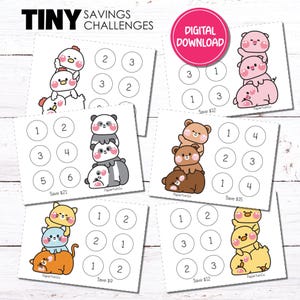 TINY Animal Stacks Savings Challenges | Printable | Low Income Savings | PDF Digital Download | 6 Numbered & 6 Blank Challenges