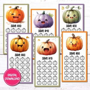 May include: Six printable Halloween-themed cards with cute pumpkin illustrations. Each card has a different amount of money saved, ranging from $30 to $80. The cards also have a grid of numbers for a game or activity.