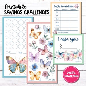Printable A6 Mini Savings Challenge Tracker | Butterflies | Low Income Savings | PDF Digital Download | Set of 2 + Teller Slip & IOU
