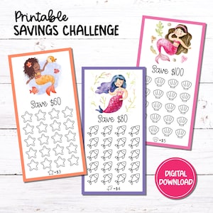Printable A6 Mini Savings Challenge Tracker | Low Income Savings | Watercolor Mermaids | PDF Digital Download | Set of 3