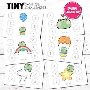 Puede incluir: Retos de ahorro imprimibles con ilustraciones de ranas. Cada tarjeta presenta un diseño diferente, incluyendo un globo, un arcoíris y una estrella. Las tarjetas tienen círculos numerados del 1 al 6, con objetivos de ahorro como 9 €, 15 € y 21 €. El texto "TINY SAVINGS CHALLENGES" está en la parte superior.