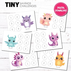 May include: Six printable cards featuring colorful cartoon dragons with numbers 1-6 in circles. Each card has a different dragon and a different amount to save, such as "Save $12" or "Save $21".