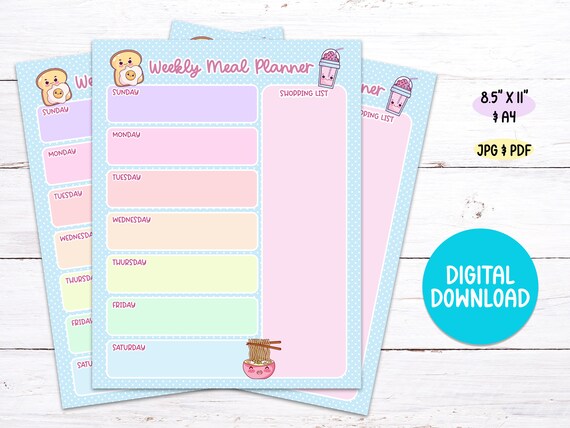 Printable Weekly Meal Planner Digital Planner Cute Kawaii Food - Etsy
