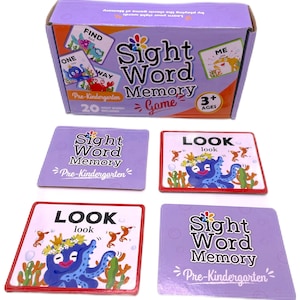 May include: A purple box with the words "Sight Word Memory Game" and a set of 20 matching cards featuring colorful illustrations of an octopus and the words "LOOK" and "look". The box is labeled "Pre-Kindergarten" and "3+ Ages".