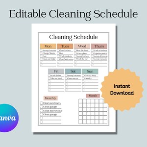 May include: A printable cleaning schedule checklist with a weekly and monthly section. The checklist includes tasks like sweeping, vacuuming, changing sheets, cleaning the kitchen, and mowing the lawn. The document is designed to help people stay organized and on top of their cleaning tasks.