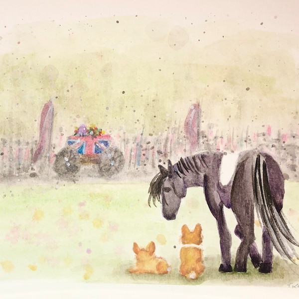 Queen Elizabeth II Funeral Print of her horse and corgis