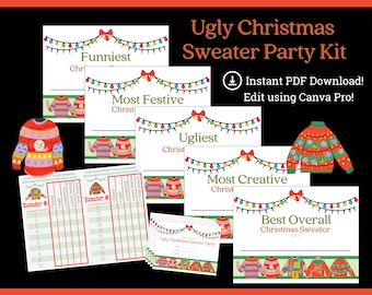 May include: A printable Ugly Christmas Sweater Party Kit with a festive design. The kit includes a scoring sheet, award certificates for "Funniest", "Most Festive", "Ugliest", "Most Creative", and "Best Overall" Christmas sweaters, and a title card that says "Ugly Christmas Sweater Party Kit".