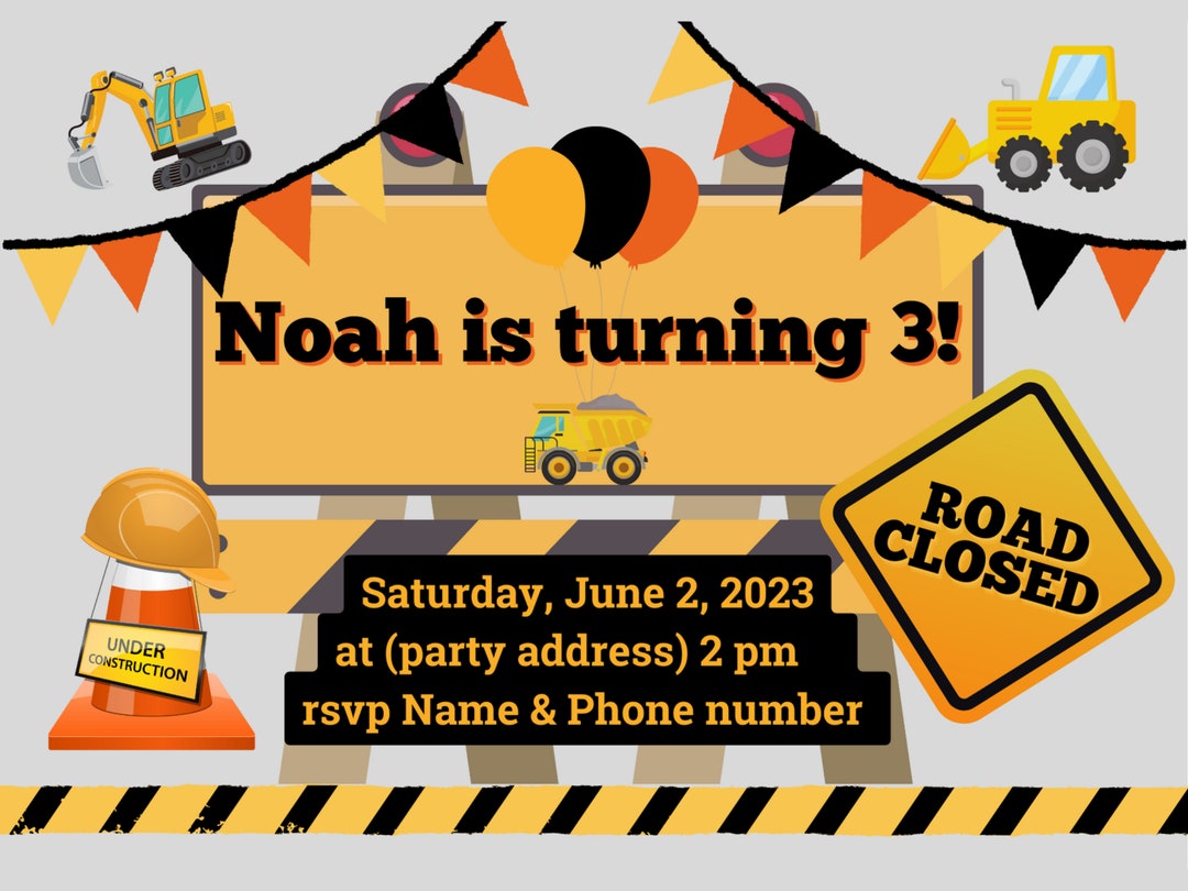 Editable Construction Invitation, Kids Birthday Invitations, Printable Template Digital Instant