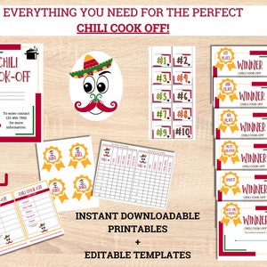 May include: A collection of printable templates for a chili cook-off, including entry forms, judging cards, and winner certificates. The designs feature a red, green, and white color scheme with a chili pepper mascot and the text "CHILI COOK-OFF".