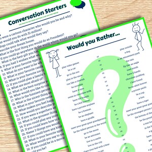 May include: Two green-bordered cards with conversation starters and "Would You Rather" questions. The cards feature stick figure illustrations and text prompts designed to spark discussion and engagement.