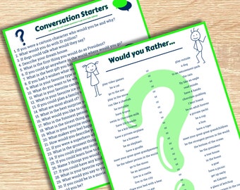 May include: Two green-bordered cards with conversation starters and "Would You Rather" questions. The cards feature stick figure illustrations and text prompts designed to spark discussion and engagement.