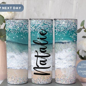 Custom Beach Tumbler for Women, Personalized Glitter Tumbler, Girls Trip Travel Mug, Beach Tumbler Cup, Summer Vacation Tumbler, (TM-46NAME)