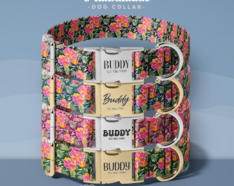 May include: Four personalized dog collars stacked, each with a floral pattern of pink and yellow flowers on a dark green background. Each collar has a buckle with the name "Buddy" and a phone number. The collars are labeled "Personalized & Handmade - DOG COLLAR."